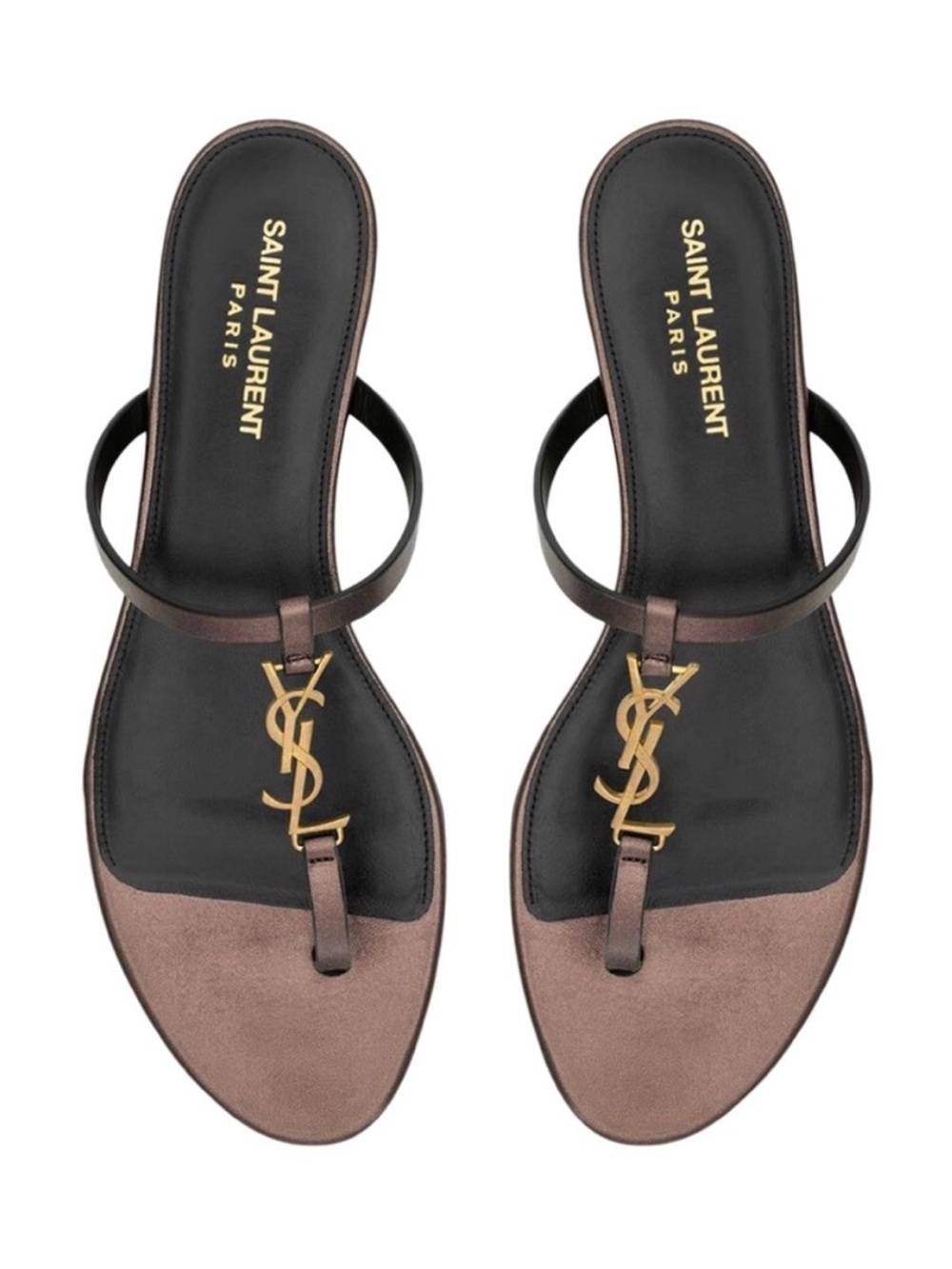 SAINT LAURENT Cassandra YSL logo metallic leather thong sandals